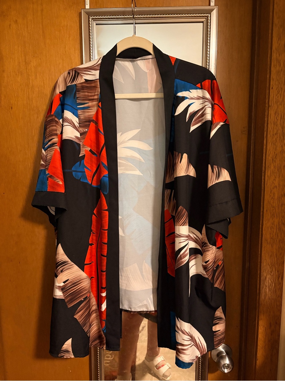 Black Floral Kimono Jacket with Red & Blue Accents